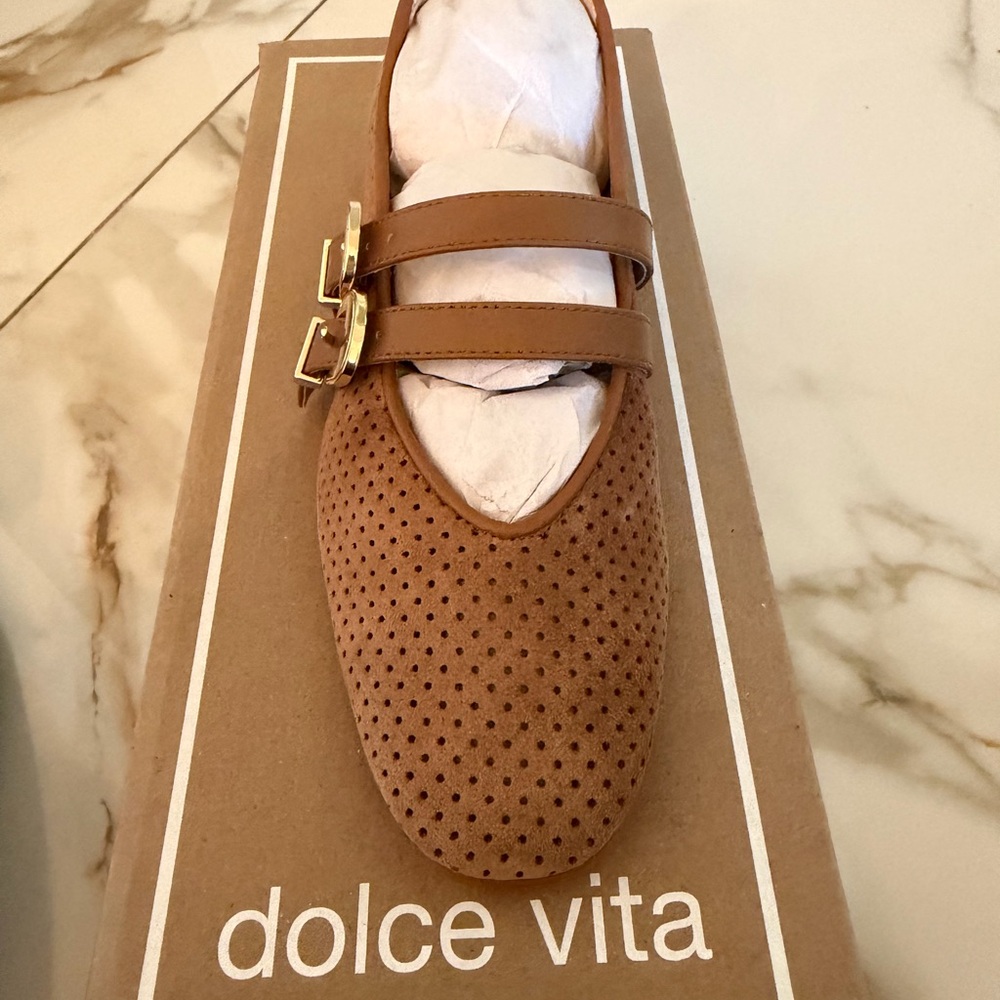 Dolce Vita Tan Perforated Flats with Gold Buckles